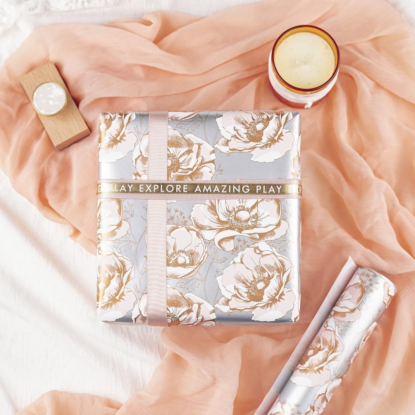 WRAPAHOLIC 30 Inch Jumbo Reversible Floral Wrapping Paper - 30 Inch X 33 Feet - Siver Floral Design for Wedding, Birthday, Mothers Day, Baby Shower, Anniversary, Bridal Shower