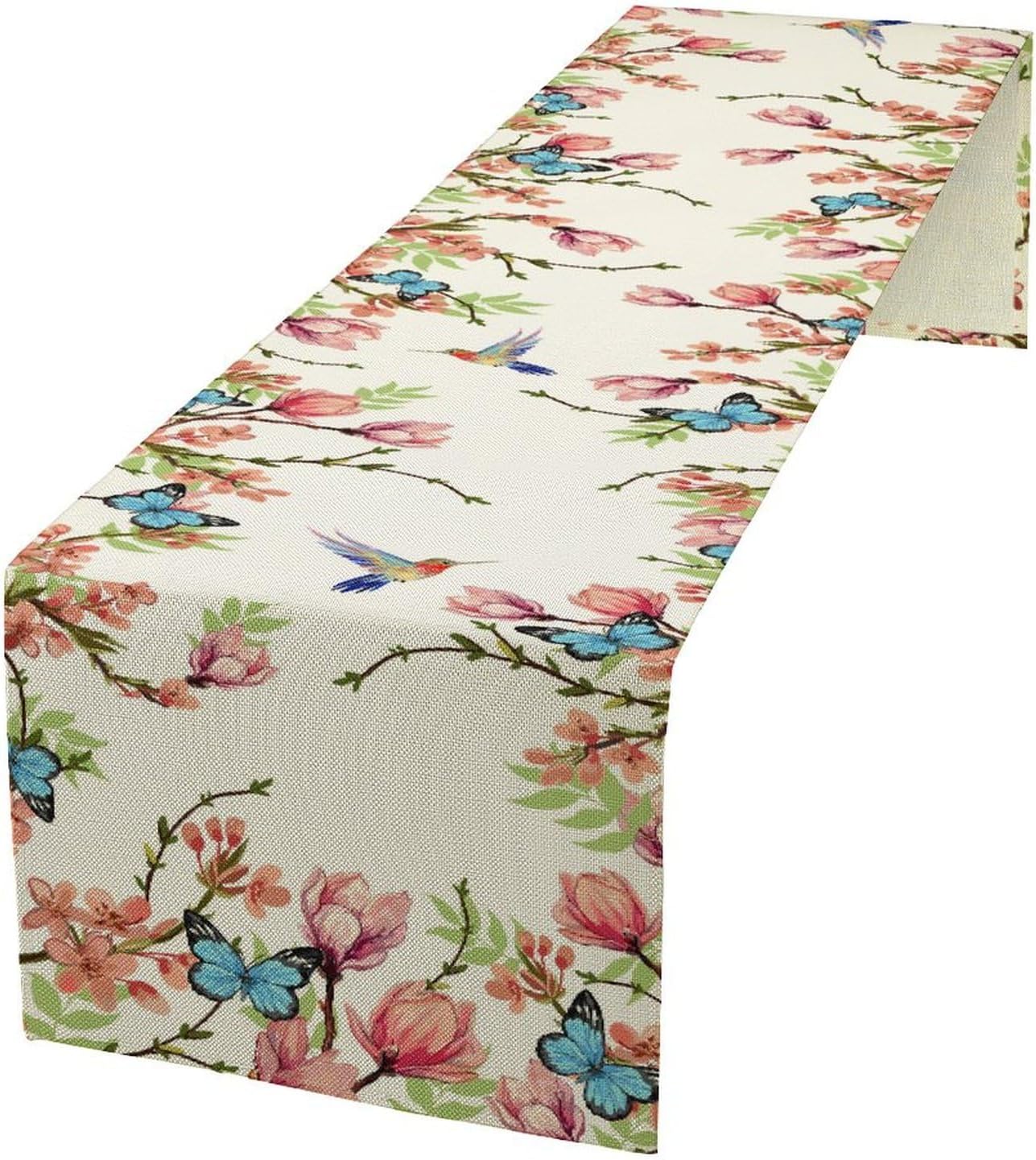 Floral Butterfly Table Runner Seasonal Spring Flower Bird Table Decoration Table Runner for Home Party Decoration 13x36 Inch
