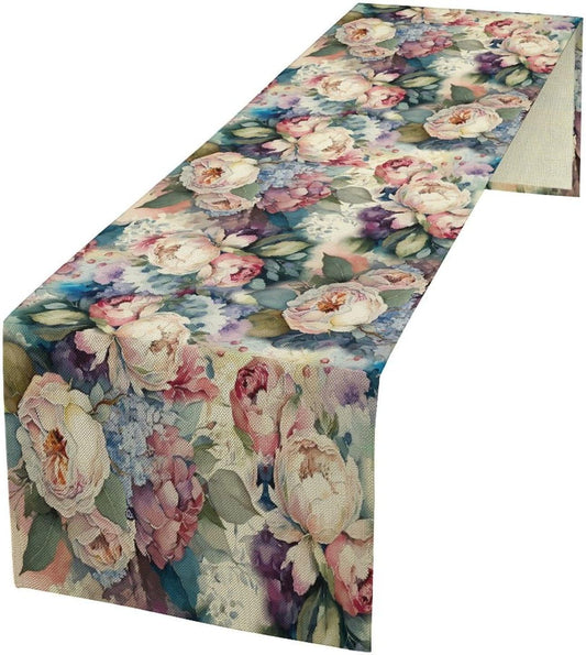 Vintage Floral Table Runner,Girls Women Rose Romantic Leaf Botanical Watercolor Pattern Print Burlap for Hotel Indoors Outdoor Dining Room Kitchen Holiday Party, 13x36in
