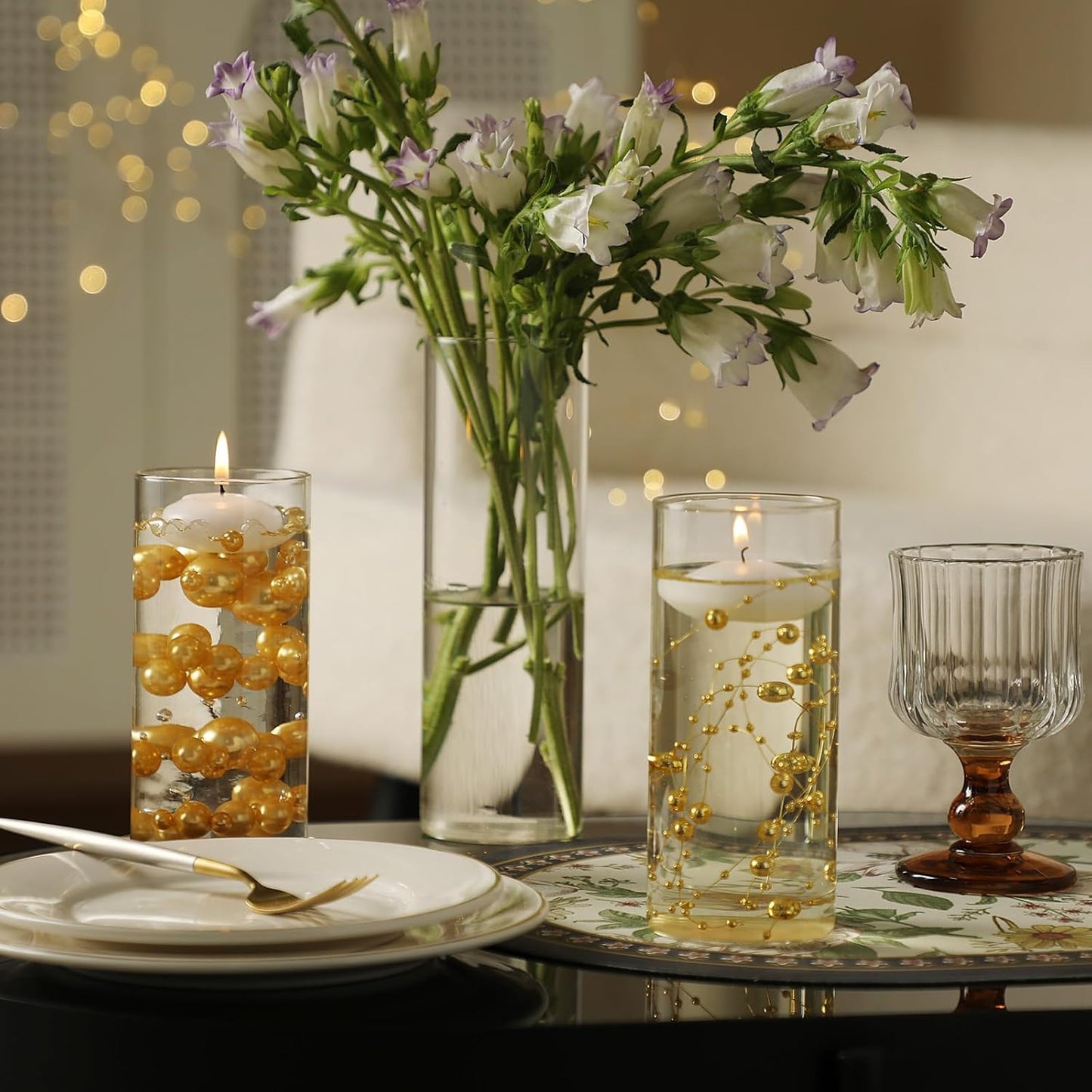 Set of 12 Glass Cylinder Vases for Centerpieces with 8 Pack Vase filler 12 Pearl String 24 White Floating Candles for Centerpieces, Table Center pieces for Wedding Party Home Decor 5, 6, 8 Inch