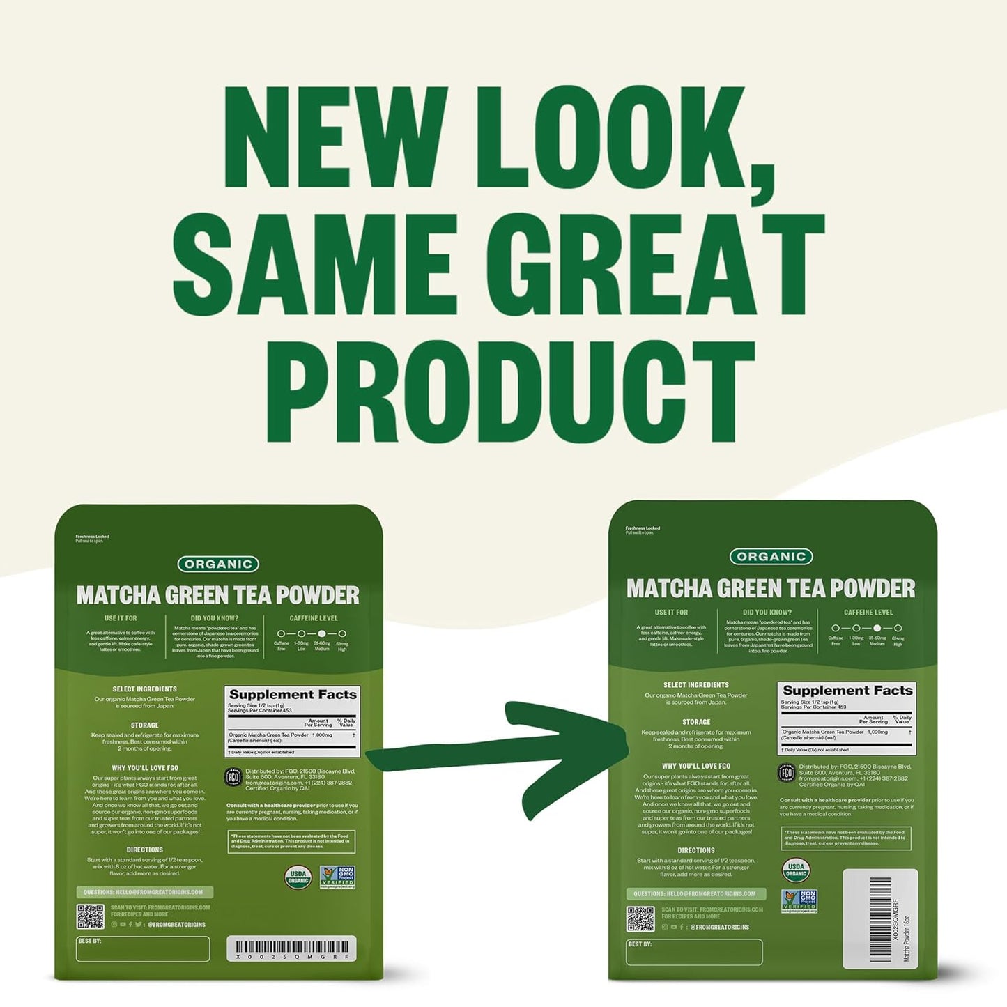 FGO Organic Matcha Green Tea Powder, Japanese Culinary Grade for Cooking, Baking, or Smoothies, 16oz Bulk Resealable Bag, Packaging May Vary (Pack of 1)