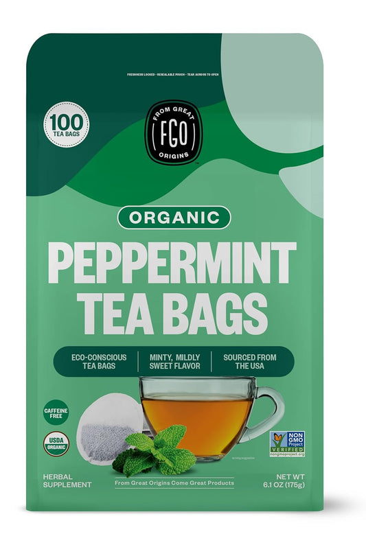 FGO Organic Peppermint Tea, 100 Count, Eco-Conscious Tea Bags, Caffeine Free, Packaging May Vary (Pack of 1)