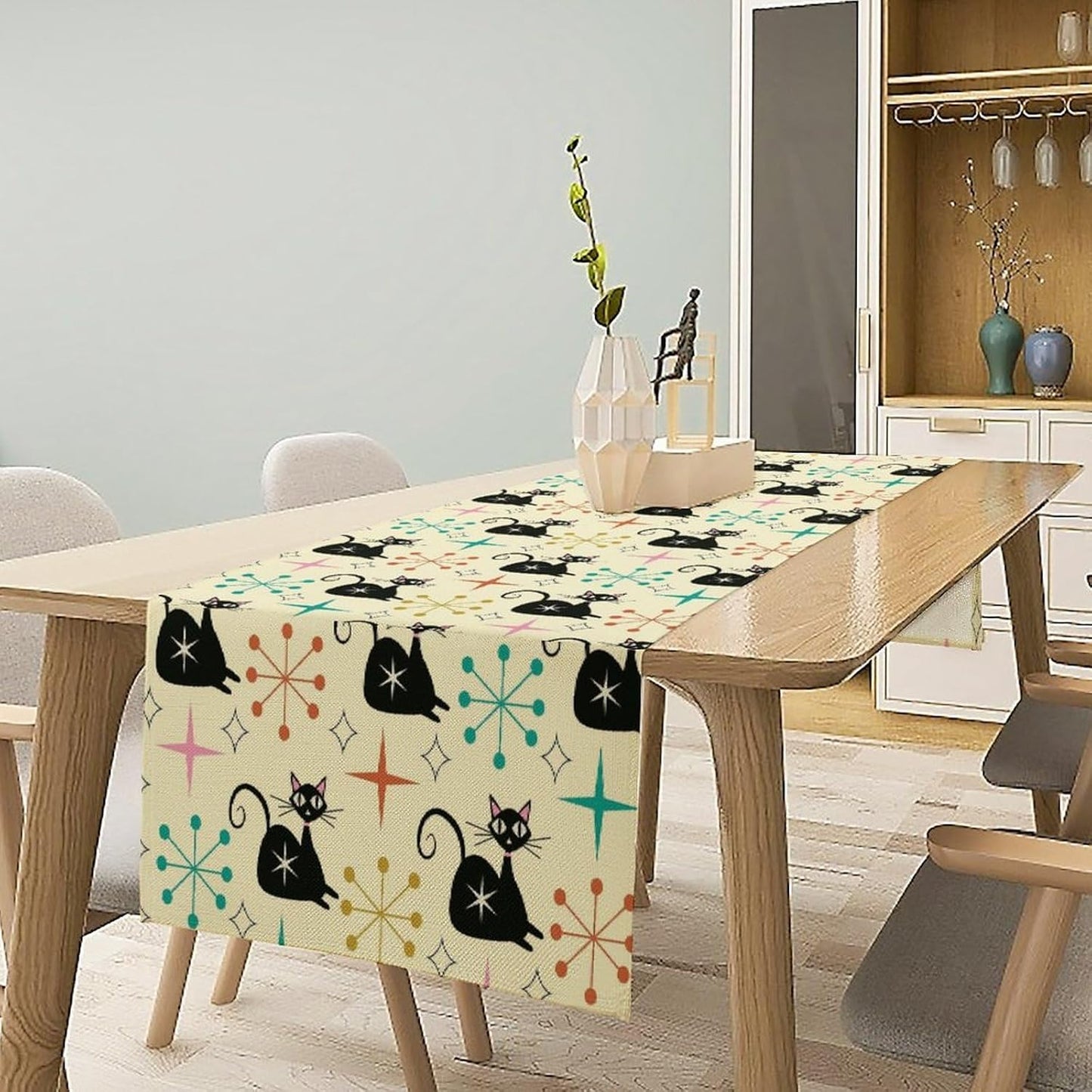 Mid Cat Table Runner, Vintage Black Cat and Atomic Stars 1950s 1960s Abstract Geometric Space Pattern Table Decoration for Home Kitchen Restaurant 13x120 Inches