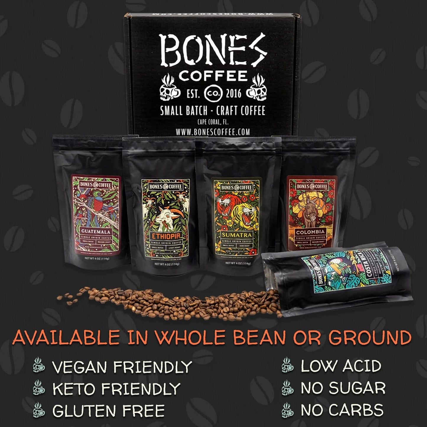 Bones Coffee Company NEW World Tour Sample Pack Box Set with Specialty Coffee Mug, 5 Assorted Single-Origin Low Acid Medium Roast Arabica Beans Flavored Coffee Gifts, 4 oz Pack of 5 Whole Bean