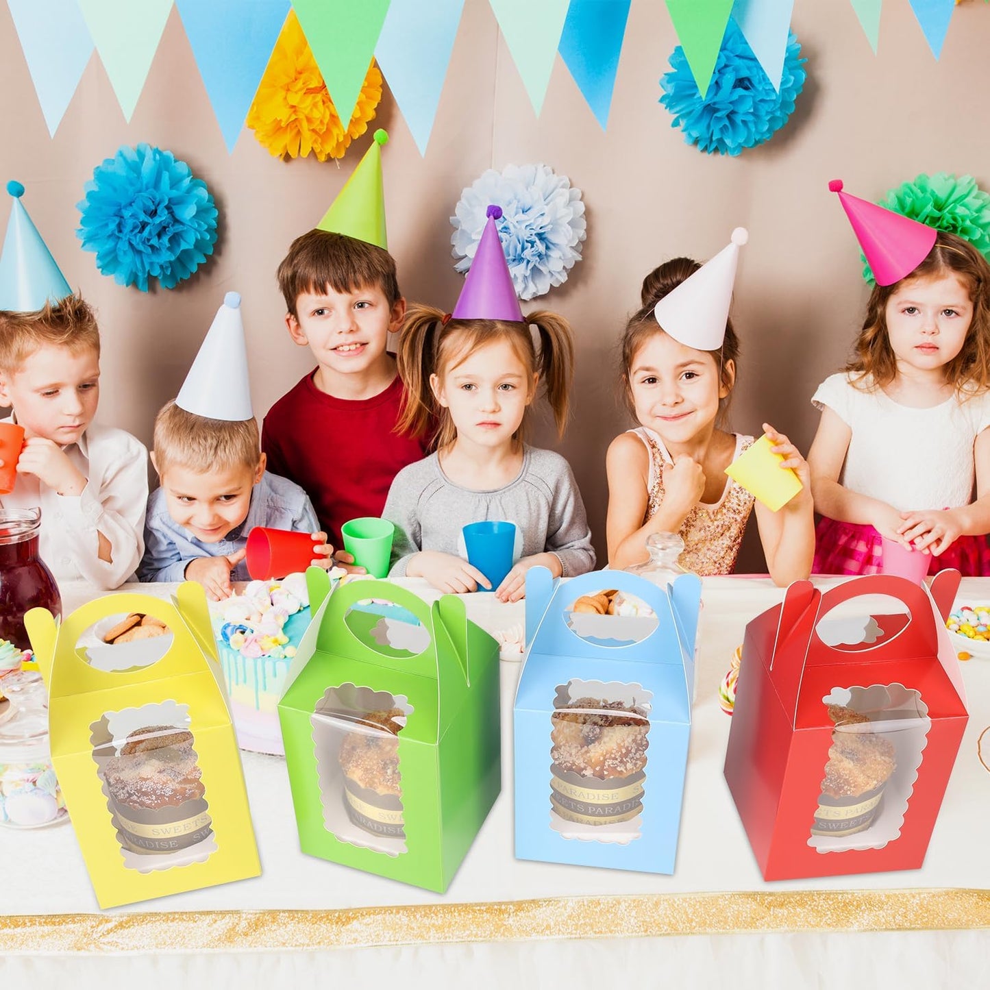 Individual Cupcake Boxes 4x4x5 Inches Disposable Pastry Tray Boxes, With Window Insert and Handle, Perfect for Parties, Birthdays, Bakery Wrapping and Events Containers (Yellow-25Pack)