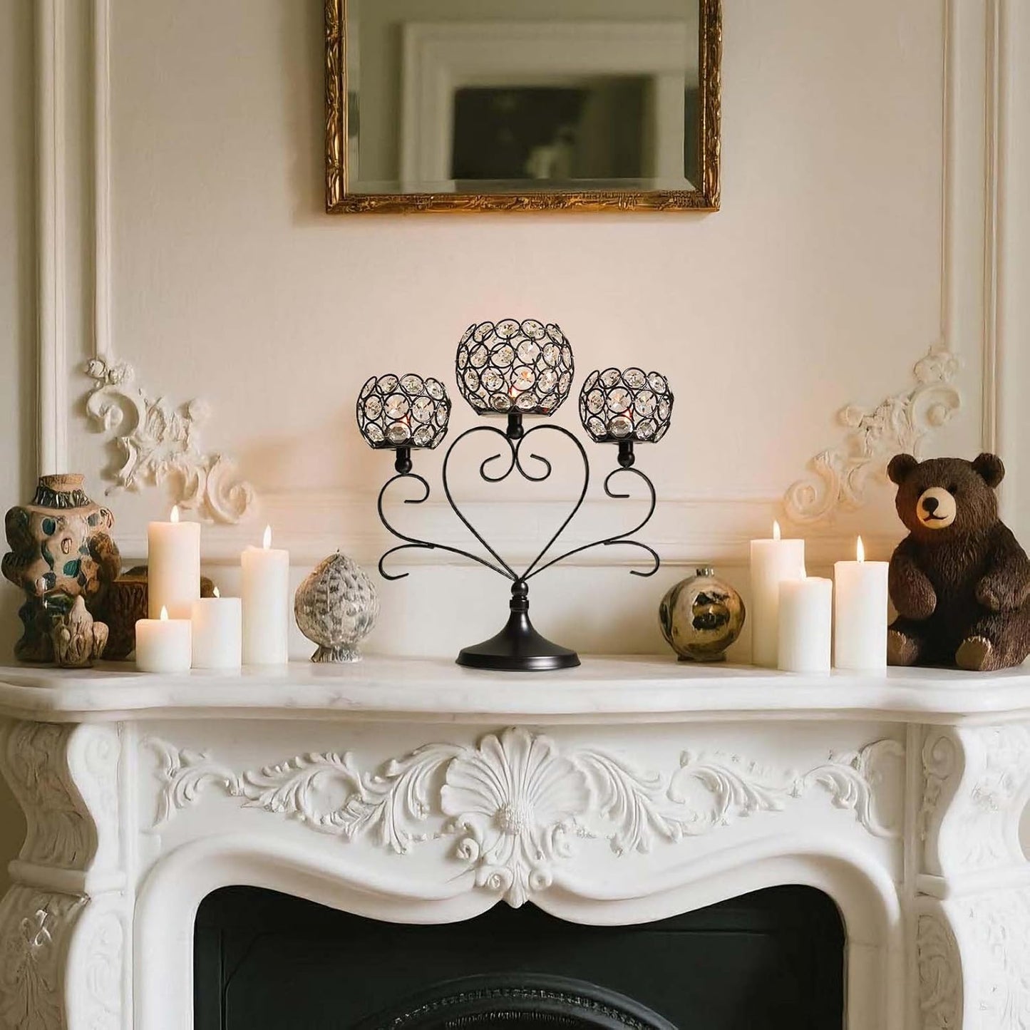 2 Pcs 3-Arm Heart Tea Light Candle Holder - Crystal & Metal Wedding Centerpiece Decor, Sparkling Table Decor for Anniversaries/Romantic Tabletop Home/Dinner Party/Events (2, Black)