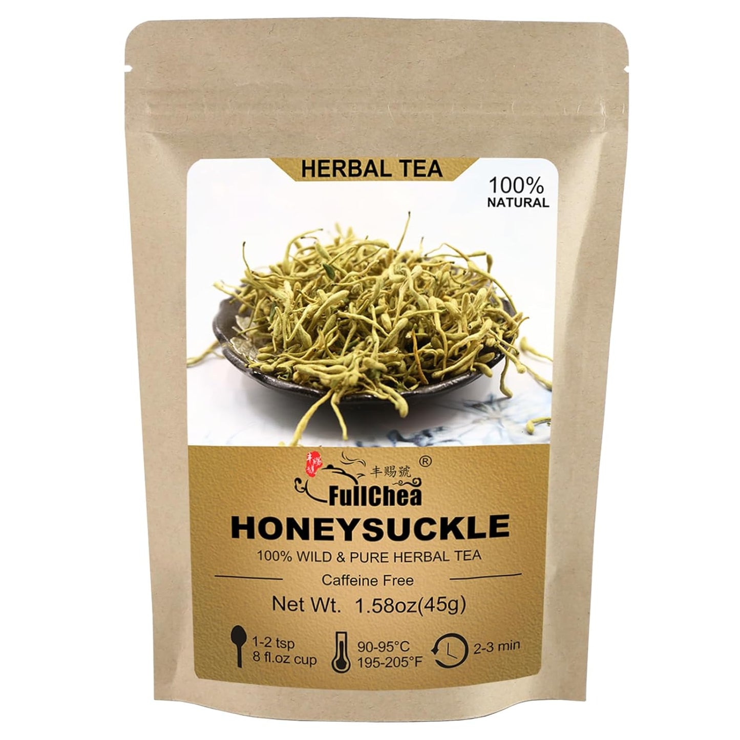 FullChea - 100% Pure Natural Dried Honeysuckle - Jin Yin Hua Honeysuckle Tea - Premium Flower Herbal Tea - 1.58oz/45g