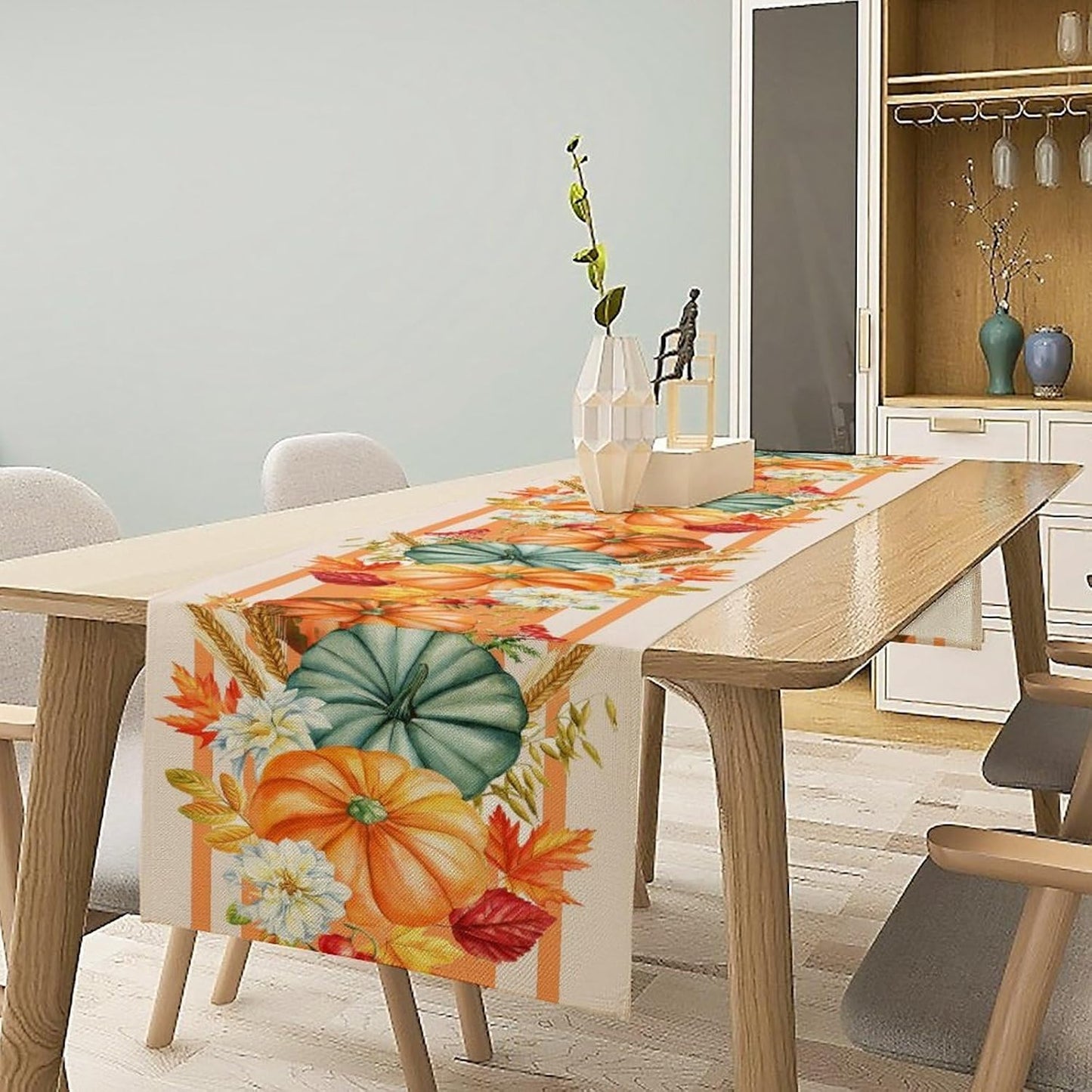 Autumn Table Runner,Orange Pumpkin Flowers Leaves Fall Table Runners Seasonal Kitchen Dining Table Decor for Thanksgiving Harvest Home Holiday Party 13x120 Inch