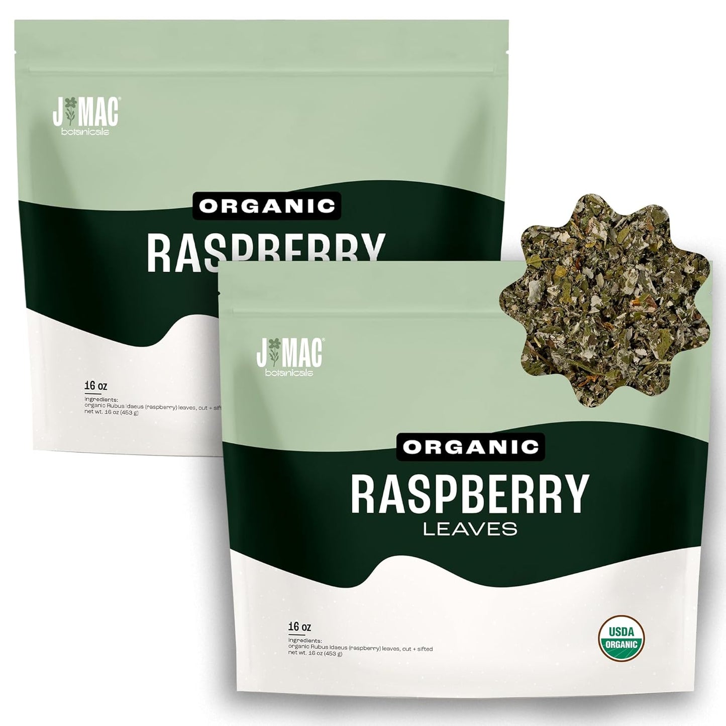 J Mac Botanicals, Organic Red Raspberry Leaf, Herbal tea (16 ounce bag 200+ cups) cut & sifted dried leaf, pack of 2