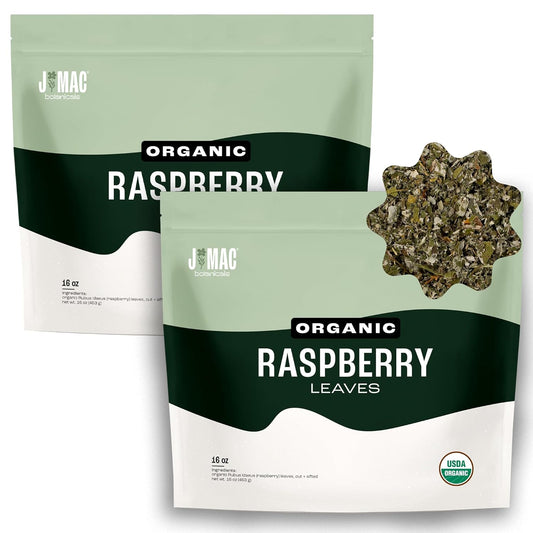J Mac Botanicals, Organic Red Raspberry Leaf, Herbal tea (16 ounce bag 200+ cups) cut & sifted dried leaf, pack of 2