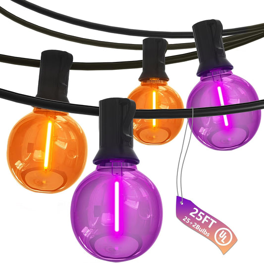 SUNSGNE G40 LED Outdoor Halloween String Lights 25FT Globe String Lights with 27 LED Shatterproof Clear Orange Purple Lights(2 Spare) for Patio Balcony Backyard Pergola Decor