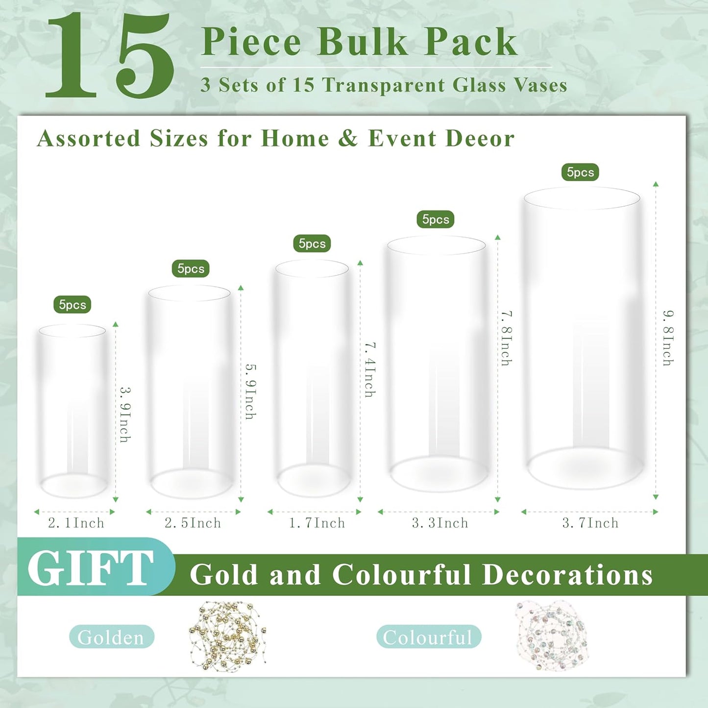 15pcs Clear Glass Vase for Centerpieces, 4,6,7.5,8,10 inch Tall Cylinder Flower Vase Bulk Floating Candle Holder for Wedding Table Home Décor and Party