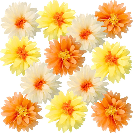 12 Pcs Daisy Tissue Paper Pom Poms Fall Party Decorations Orange Yellow Tissue Flowers Paper Flowers Decorations for Wall Groovy Backdrop Garden Hippie Wedding Thanksgiving Autumn Decor