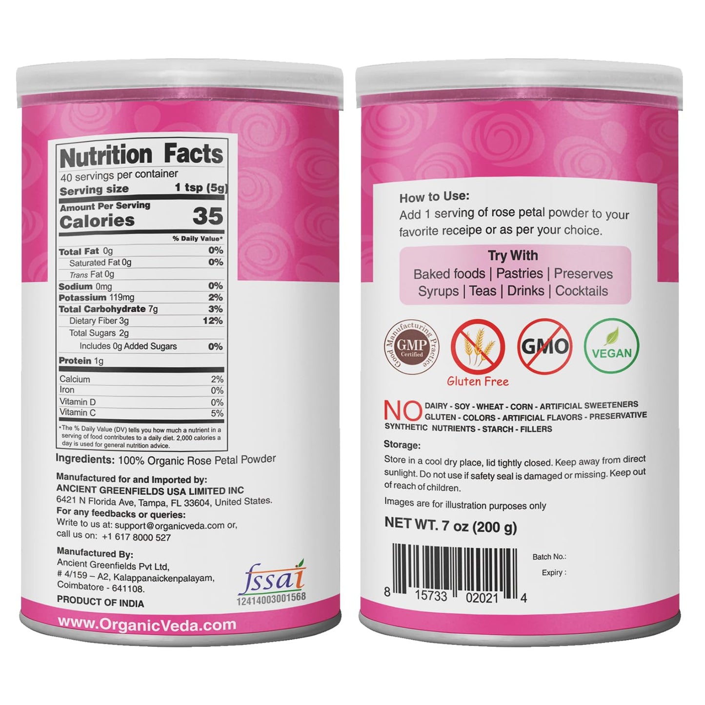 Organic Veda Edible Rose Petal Powder - Organic Rose Petal Powder for Cooking, Herbal Tea, Smoothies, Toppings - Natural Rose Petal Powder for DIY Face Masks, Skin & Hair Care - Vegan, No Gluten - 7oz