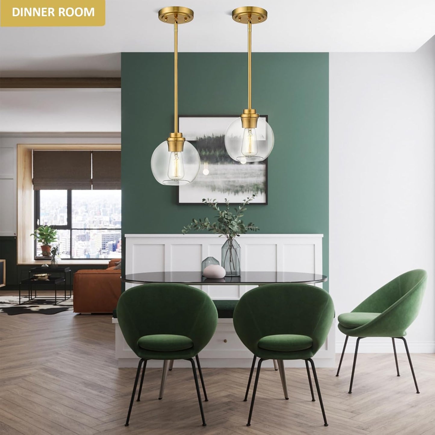 Globe Glass Pendant Lights Kitchen Island, Farmhouse Gold Pendant Lights with Clear Glass Shade,Adjustable Hanging Light Fixture for Dining Room, Entryway, Bedroom 2 Pack