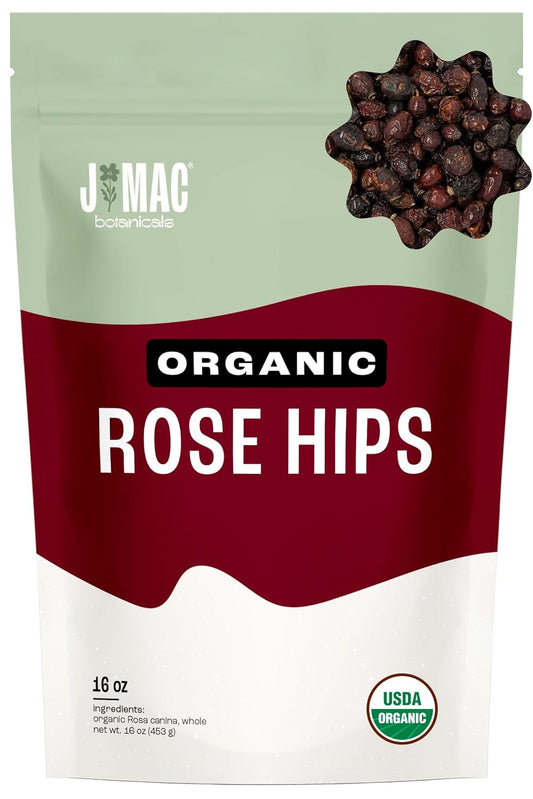 J MAC BOTANICALS Organic Rose Hips (1 Lb Bag) Whole, natural organic dried rose hips for herbal tea, rosehips dried organic, rosehip tea, packaged in the USA