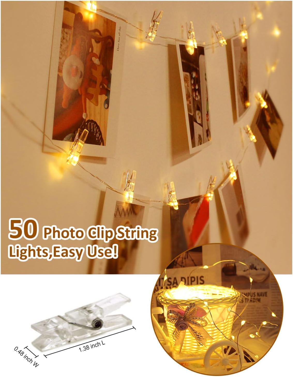 Photo Clip String Lights with Remote, 33FT 100 LED Battery Operated String Lights, Waterproof Copper Wire Starry Lights with 50 Clear Clips, Powered Fairy Lights for Teen Girl Gifts Bedroom 8 Modes