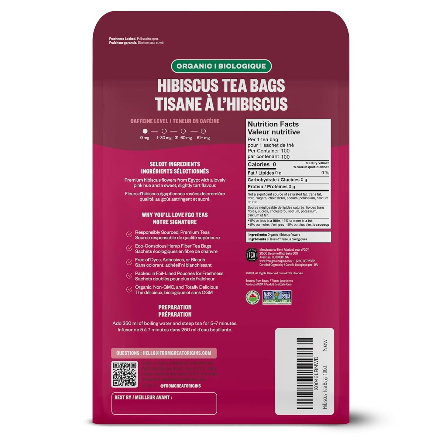 FGO Organic Hibiscus Tea, 100 Count, Eco-Conscious Tea Bags, Caffeine Free, Packaging May Vary (Pack of 1)
