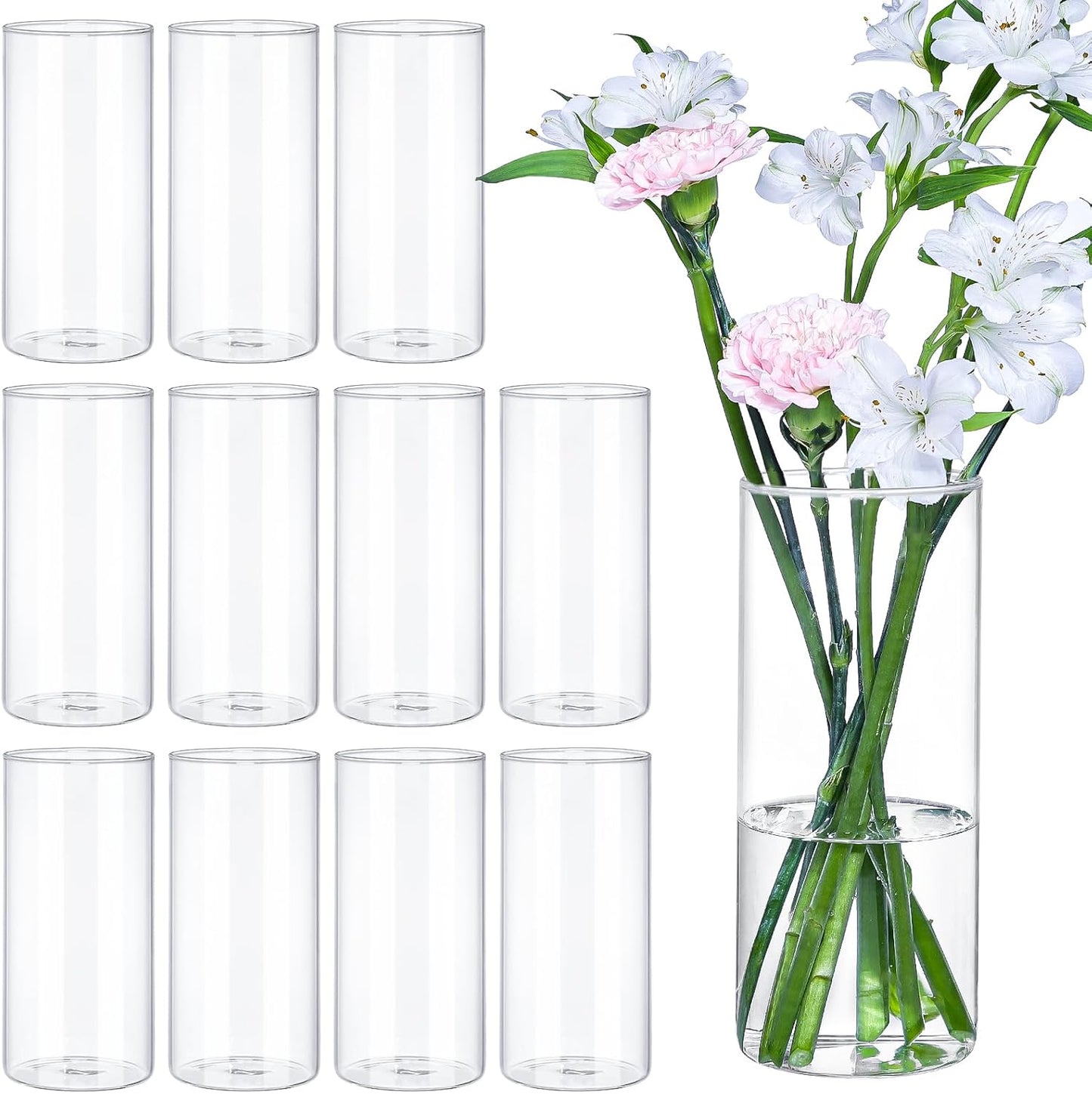 12Pcs Glass Cylinder Vases 8 Inch Tall Clear Flower Vases for Centerpieces Wedding Decoration, Hurricane Floating Candle Holder for Party Table Home Decor