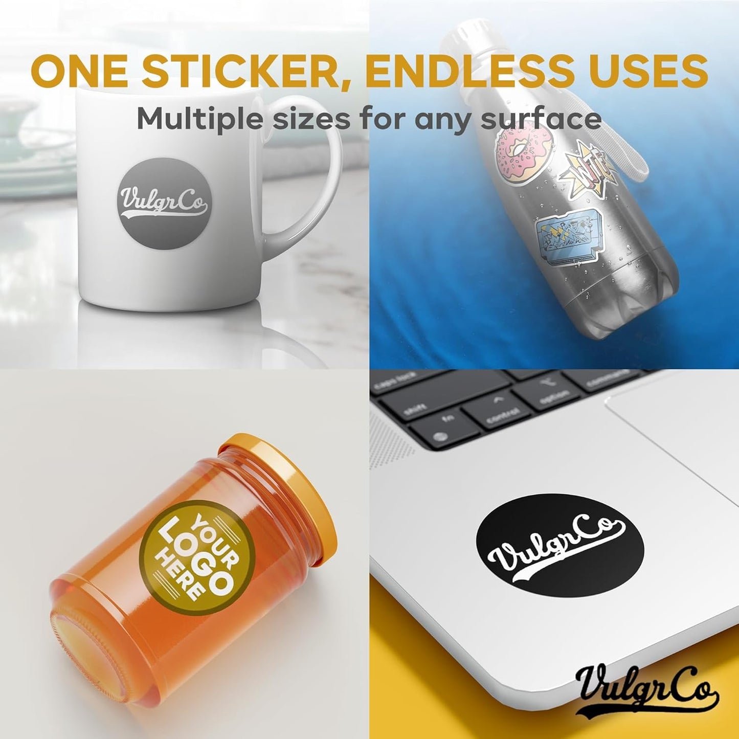 VulgrCo Custom Design Your Own Personalized Labels Stickers Decals Text Name Image Photo 120 Pack - Waterproof, Dishwasher Safe, Fade Resistant, UV Protected, Heat and Cold Resistant