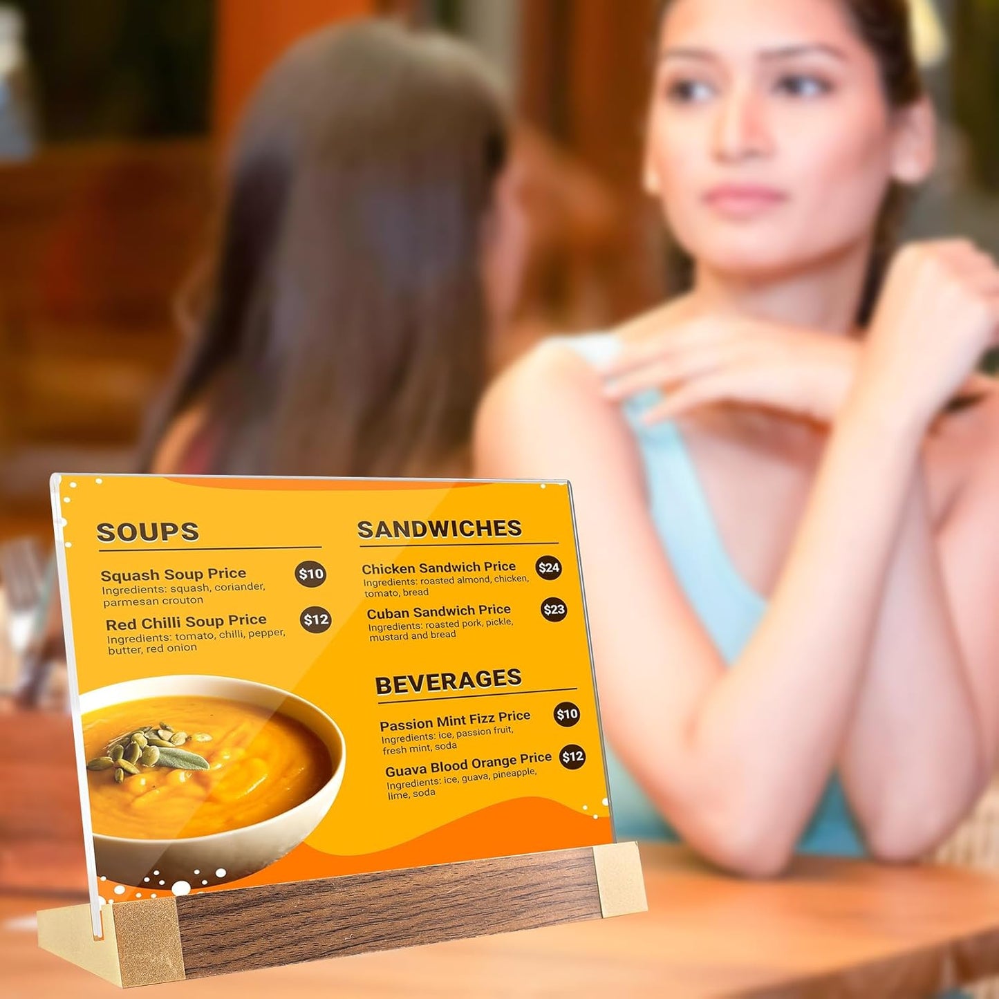 Acrylic Sign Holder 8.5x11 Inch with Wood-Color Base, Tabletop Display Sign Frame Horizontal Clear for Store/Coffee Shop/Restaurant Menu Display Hotel/Office Show Exhibitions Holder, 2 Pack L Shape