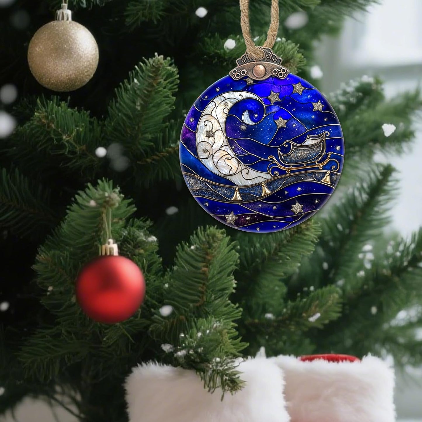 Stained Glass Christmas Decorations, Blue Starry Sky Silver Moon Suncatcher for Window Christmas Tree Hanging Ornaments Bell Sun Catcher Xmas Decor Gifts for Women Men Mom Nana Friend