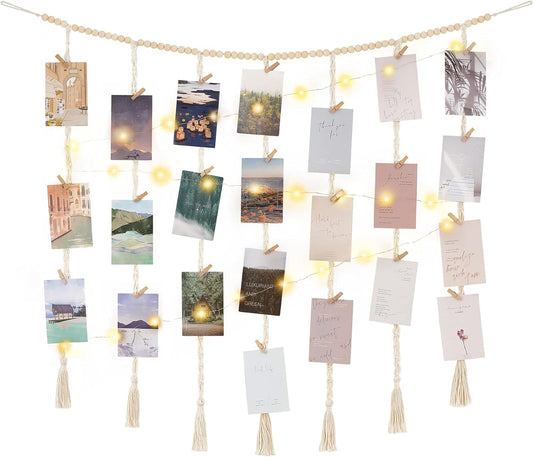 Mkono Macrame Hanging Photo Display Wall Decor with String Lights, Boho Wooden Beads Garland Collage Picture Card Frame Holder with 45 Clips for Bedroom Living Room Dorm, Teen Girls Christmas Gifts