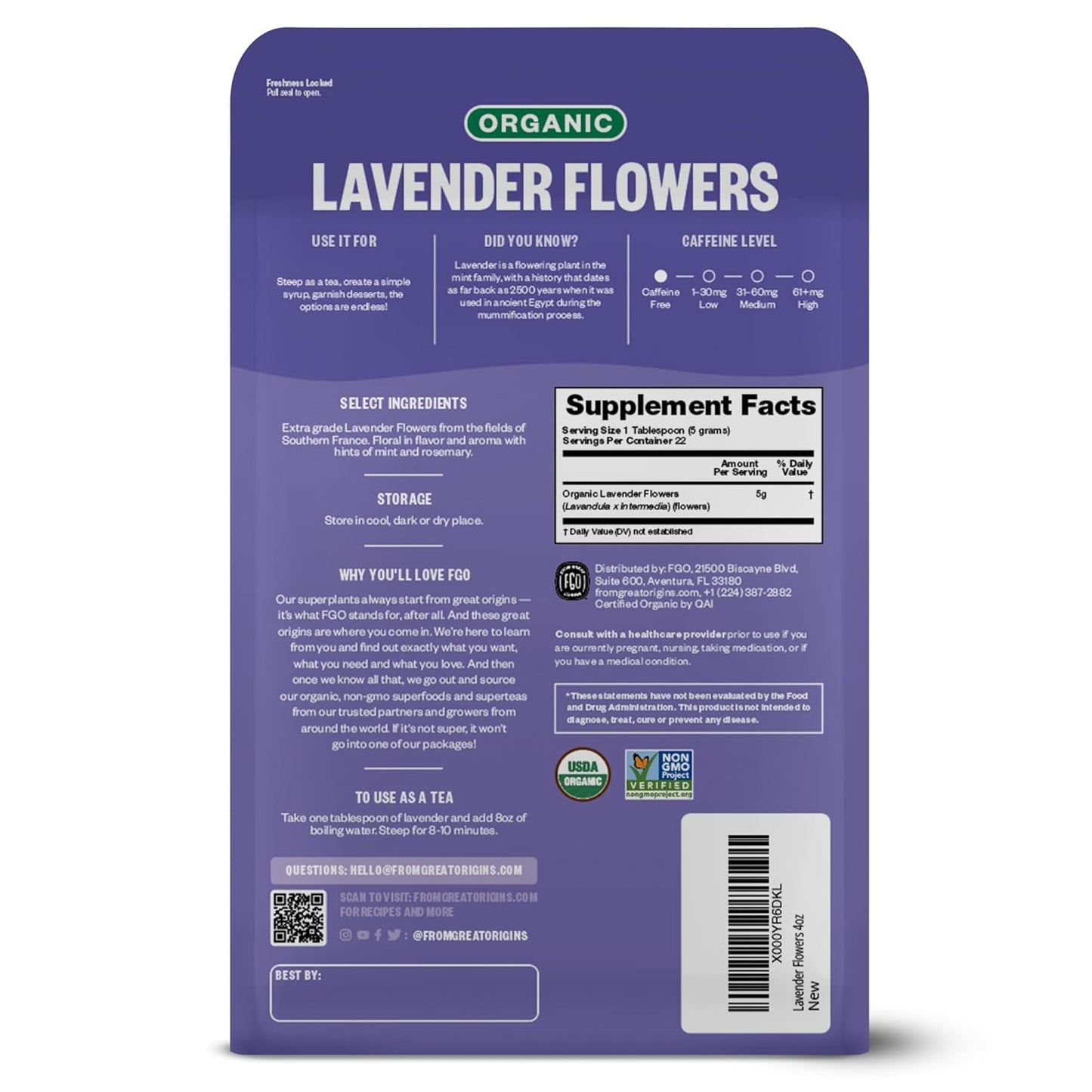 FGO Organic Dried Lavender Flowers, Extra Grade Dried Buds, Imported From France for Culinary or Sachet Bags, 4oz, Packaging May Vary (Pack of 1)