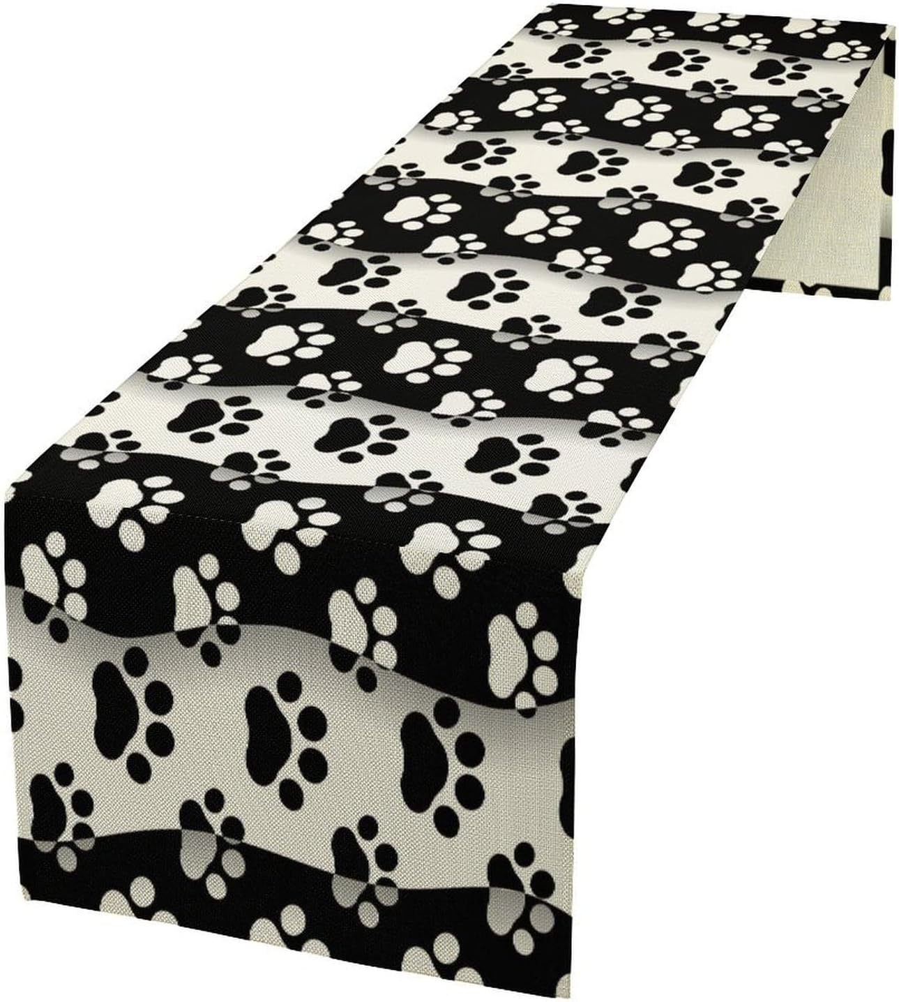 Dog Paw Table Runner,Kid Cute Animal Footprint Black White Theme Design Print Tablecloth Burlap for Hotel Indoors Outdoor Dining Room Kitchen Home Decor,W13X L70 in