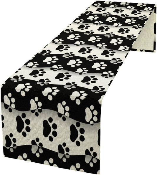 Dog Paw Table Runner,Kid Cute Animal Footprint Black White Theme Design Print Tablecloth Burlap for Hotel Indoors Outdoor Dining Room Kitchen Home Decor,W13X L70 in