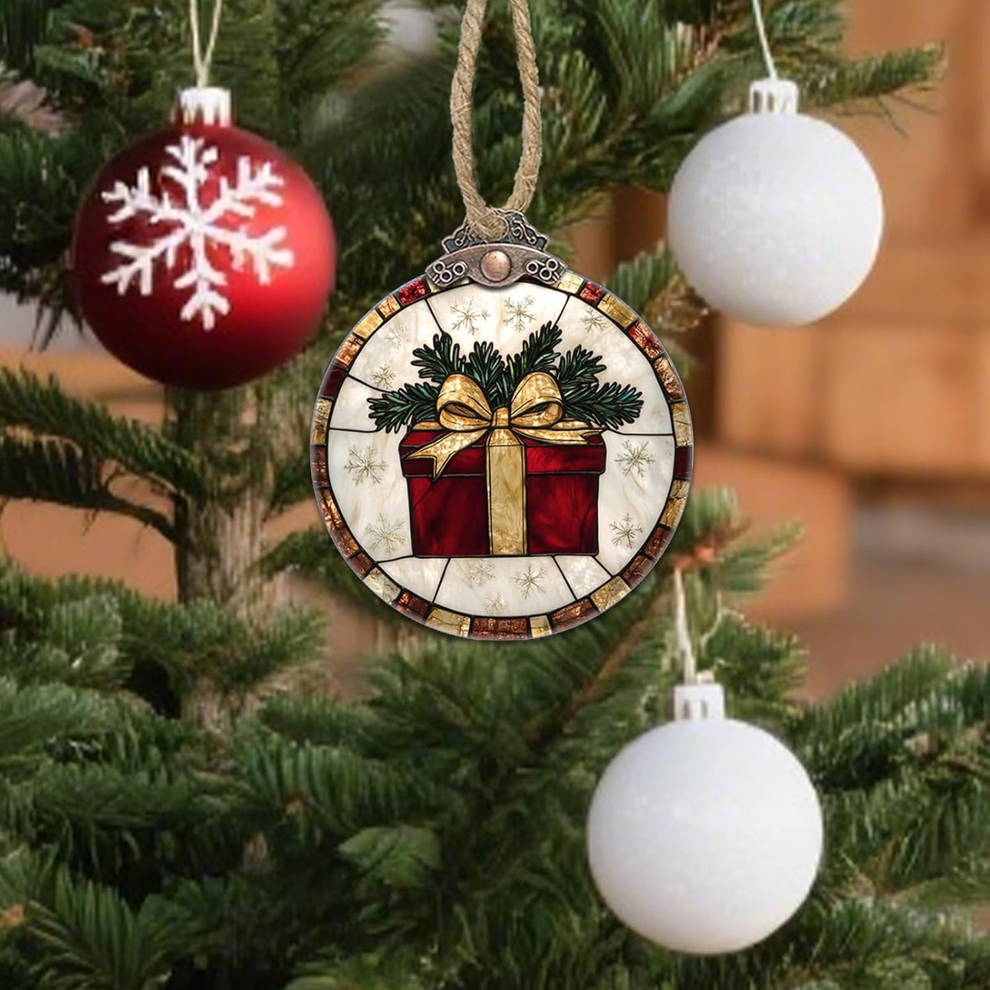 Stained Glass Christmas Decorations, Red Gift with Gold Ribbon Suncatcher for Window Christmas Tree Hanging Ornaments Retro White Sun Catcher Xmas Decor Gifts for Women Men Mom Nana Friend