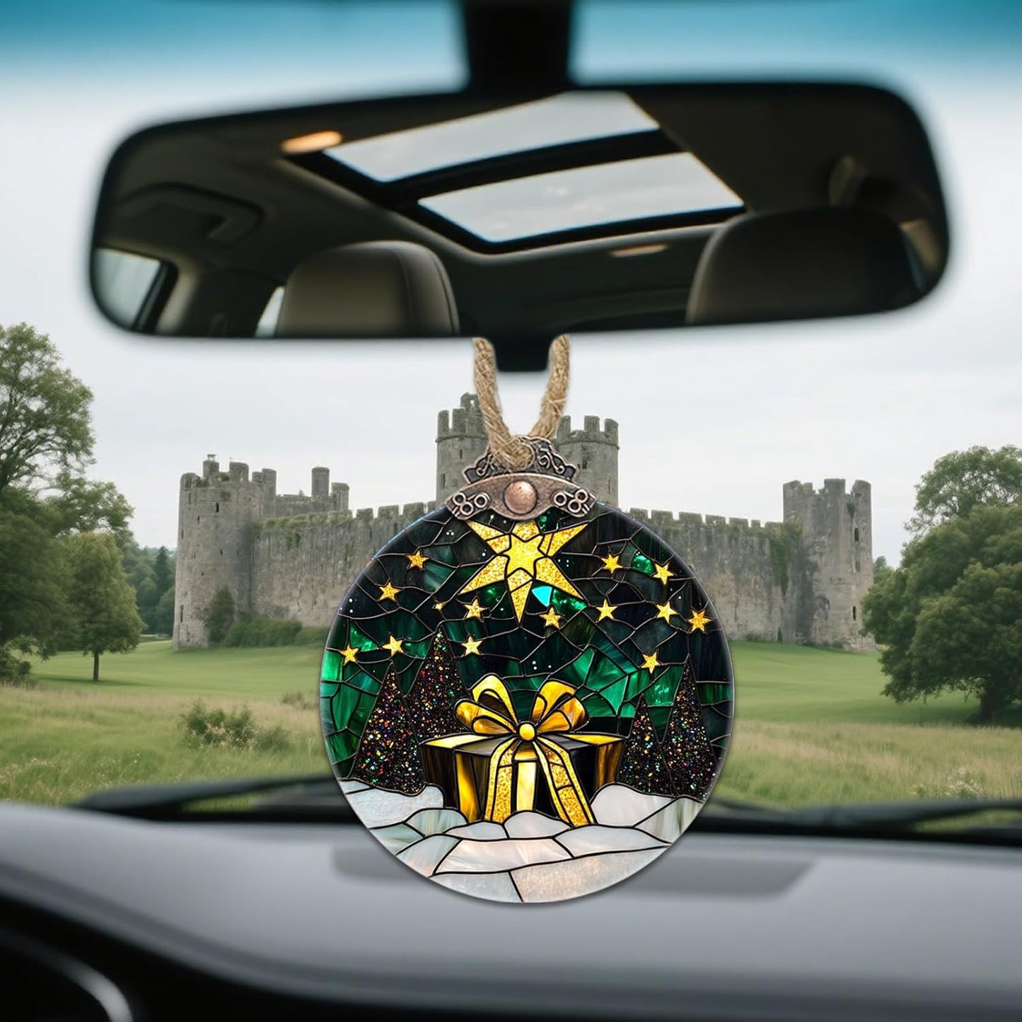 Stained Glass Christmas Decorations, Gold Star Suncatcher for Window Christmas Tree Hanging Ornaments Green Winter Night Scene Sun Catcher Xmas Decor Gifts for Women Men Mom Nana Friend