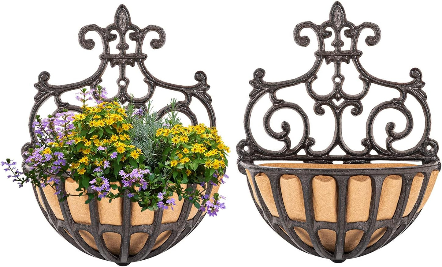 Sungmor 2PC Small Cast Iron Baskets, Heavy-Duty Wall Hanging Hollow Planter w/Fabric Liner, Antique Victoria Half Round Wall Pot Plants Holder, Outdoor Railing Fence Balcony Hanging Basket Flower Pot