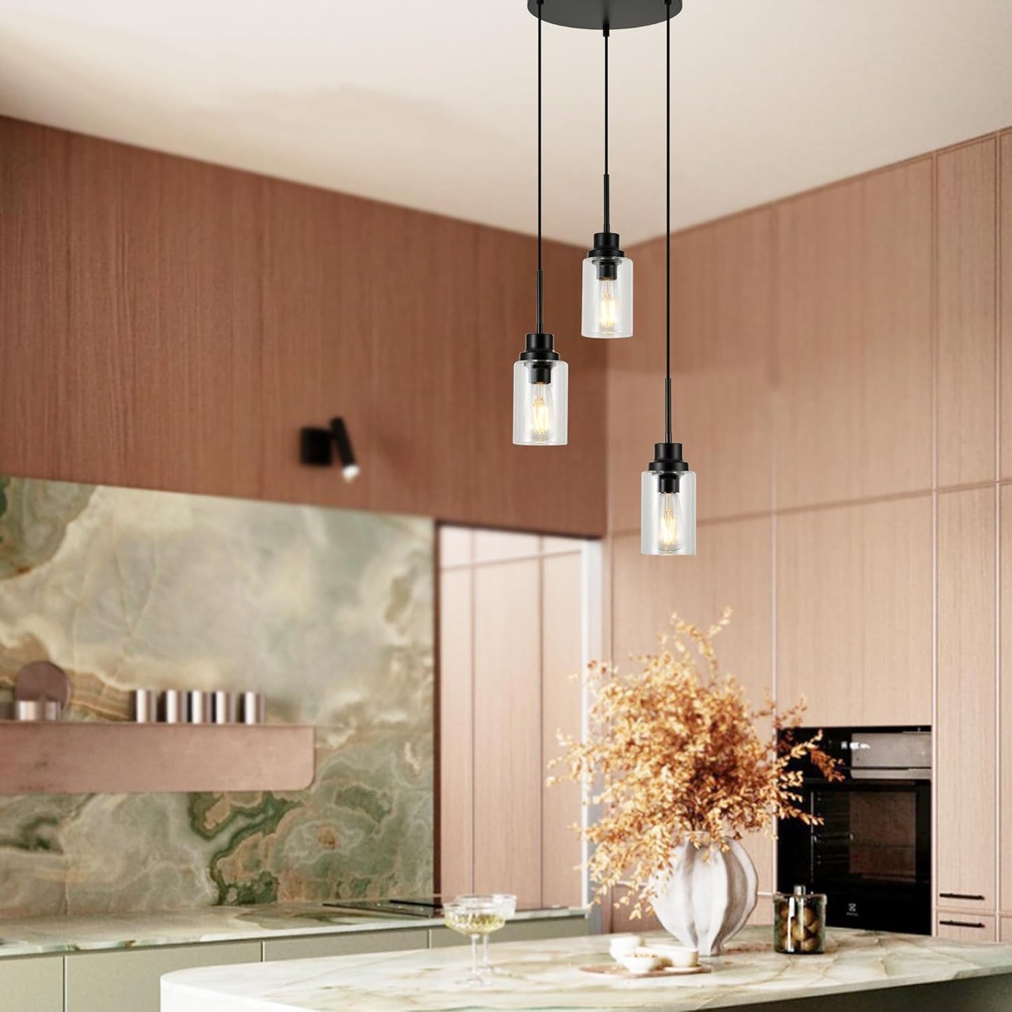 3-Lights Modern Pendant Light Fixtures Black Adjustable Height Ceiling Lights Chandelier with Clear Glass Shades Kitchen Island Lighting Hanging E26 Base for Foyer Dining Room