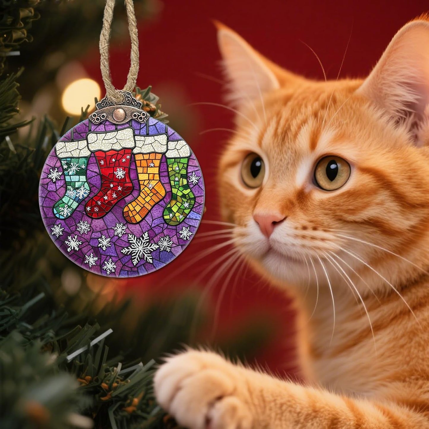 Stained Glass Christmas Decorations, Colorful Stockings Purple Suncatcher for Window Christmas Tree Hanging Ornaments Snowflake Sun Catcher Xmas Decor Gifts for Women Men Mom Nana Friend