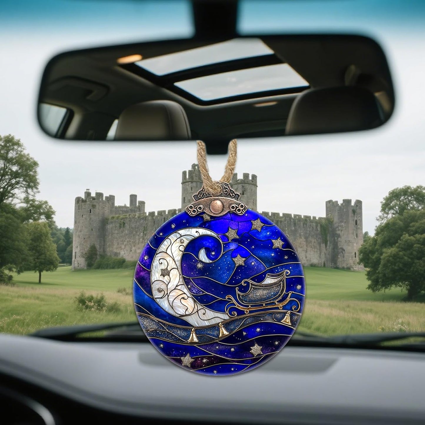 Stained Glass Christmas Decorations, Blue Starry Sky Silver Moon Suncatcher for Window Christmas Tree Hanging Ornaments Bell Sun Catcher Xmas Decor Gifts for Women Men Mom Nana Friend