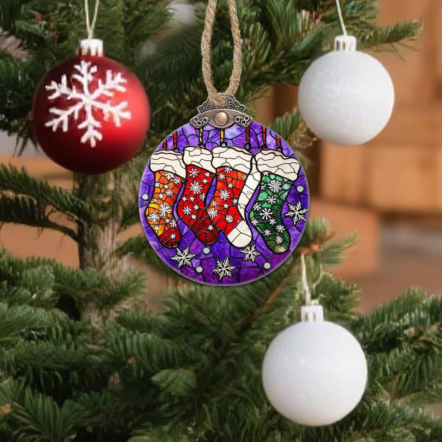 Stained Glass Christmas Decorations, Colorful Socks Suncatcher for Window Christmas Tree Hanging Ornaments Silver Snowflake Sun Catcher Xmas Decor Gifts for Women Men Mom Nana Friend