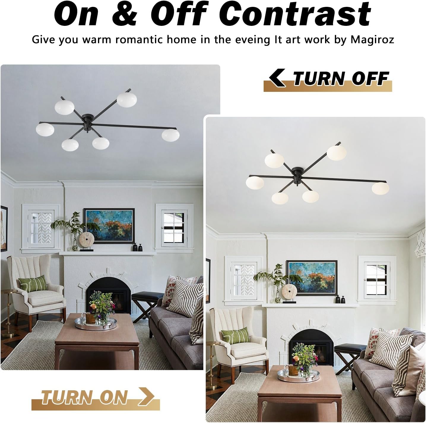 6-Light Mid Century Semi Flush Mount Black Matte Sputnik Chandelier Fixtures with Milk Glass Shade for Foyer MCL01-6 BK