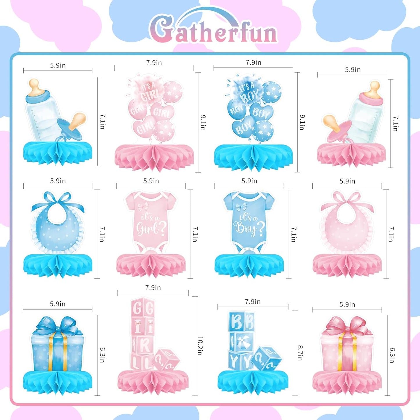 Gender Reveal Decoration Set - Includes Baby Reveal Table Decorations with Honeycomb Centerpiece for Boy or Girl Baby Shower Party Decoration
