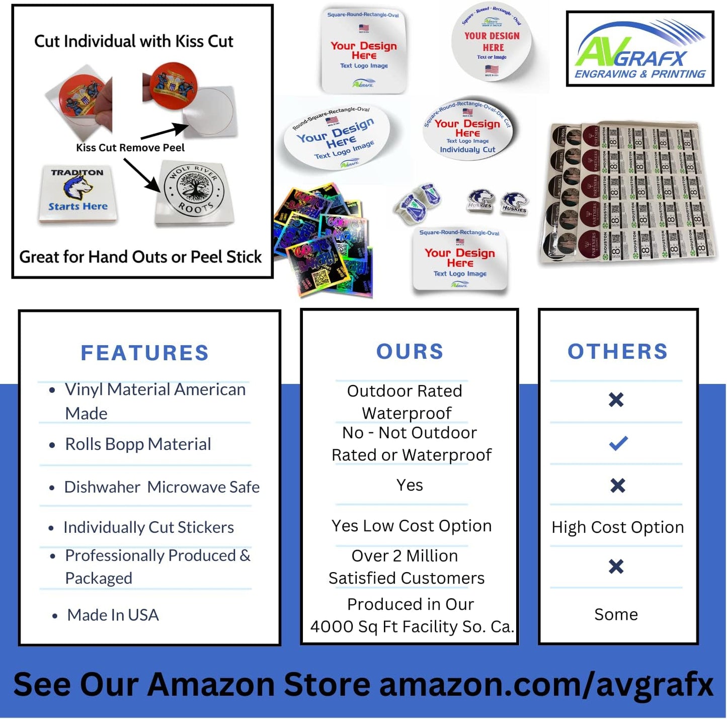 Avgrafx 110 Round or Square Custom Personalized Stickers Labels Vinyl Waterproof Dishwasher Safe, Made USA, Any Text or Image (4x4 Inches)