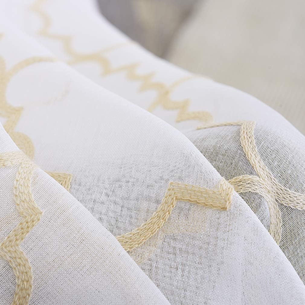 Embroidered Moroccan Tile Lattice Design Gold Sheer Curtains 84 Inch Long, Rod Pocket Sheer Drapes for Living room, Bedroom, 2 Panels, 52"x84", Semi Voile Window Treatments for Yard, Villa, Parlor.