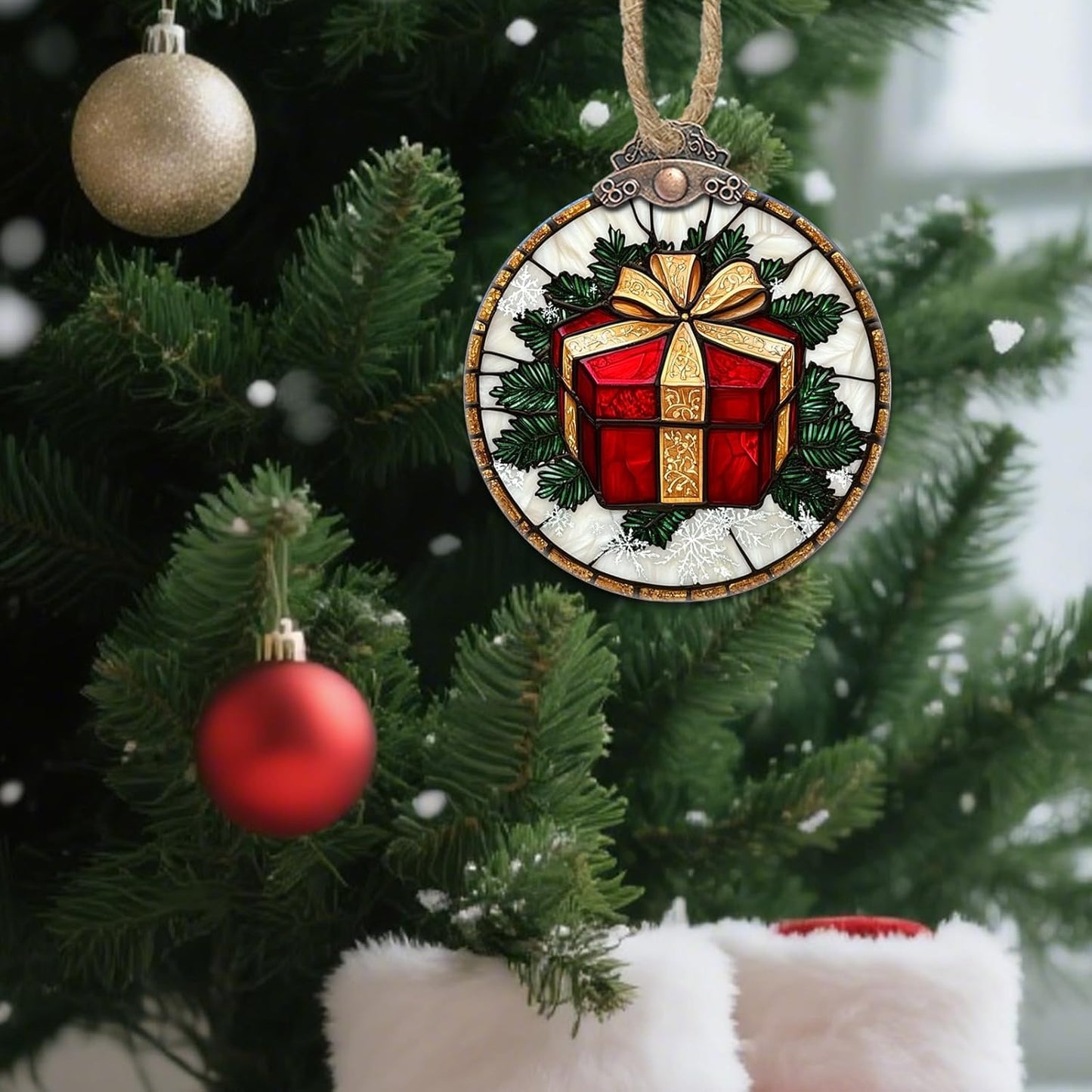 Stained Glass Christmas Decorations, Red Gift Gold Ribbon Suncatcher for Window Christmas Tree Hanging Ornaments Retro White Sun Catcher Xmas Decor Gifts for Women Men Mom Nana Friend