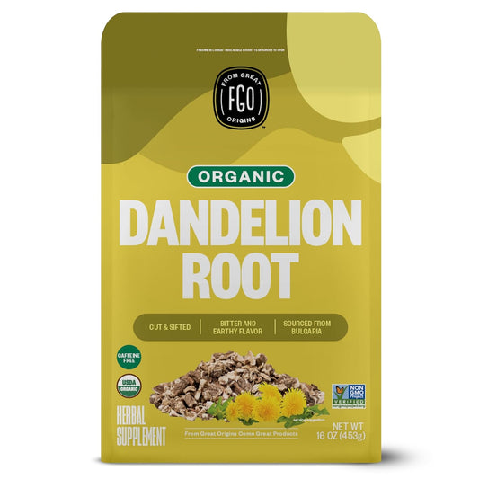 FGO Organic Dandelion Root Loose Tea, Cut and Sifted, Caffeine Free, 16oz Bulk Resealable Bag, Packaging May Vary (Pack of 1)