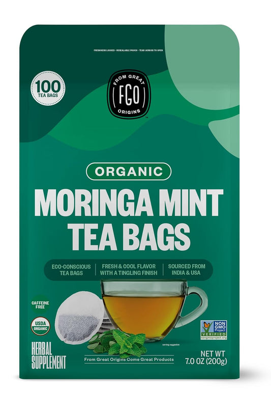 FGO Organic Moringa Mint Tea, 100 Count, Eco-Conscious Herbal Tea Bags, Resealable Bag, Caffeine Free, Packaging May Vary (Pack of 1)