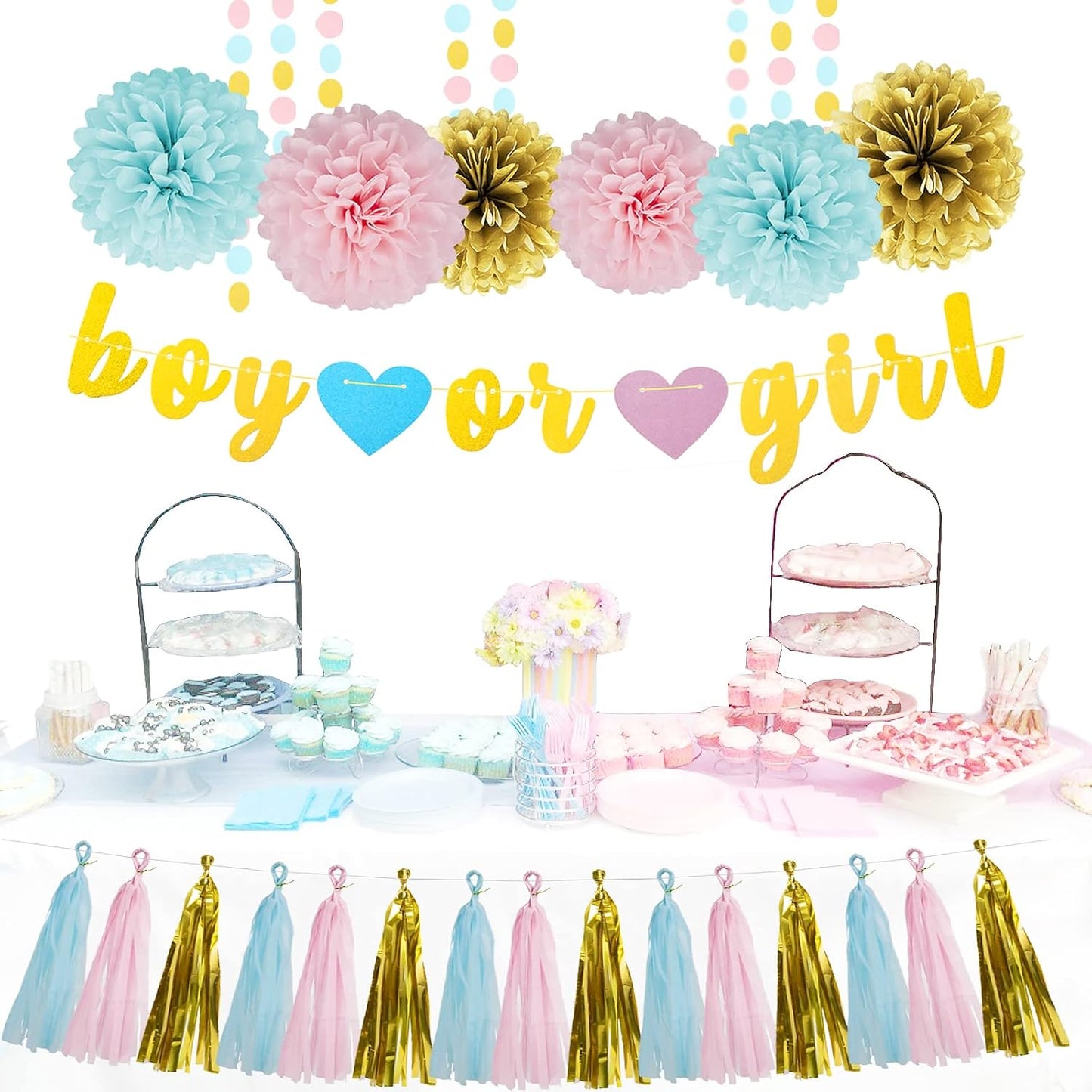Gender Reveal Decorations Blue Pink - 23pcs Tissue Paper Flowers Pom Poms Boy Or Girl Banner Tassel Garland Streamers Baby Party Supplies Gender Reveal Theme Gold Hanging Decor Ideas