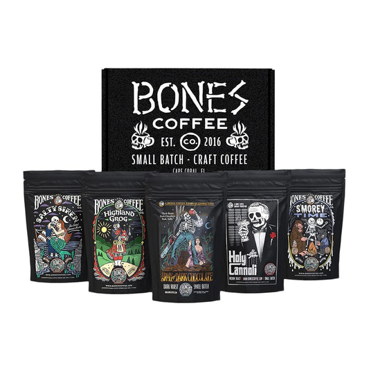 Bones Coffee Company NEW Favorite Flavors Sample Pack, Assorted Flavored Coffee Medium Roast Arabica Beans Specialty Coffee Gifts, Auto Drip and French Press Compatible, 4 oz Pack of 5 Whole Bean