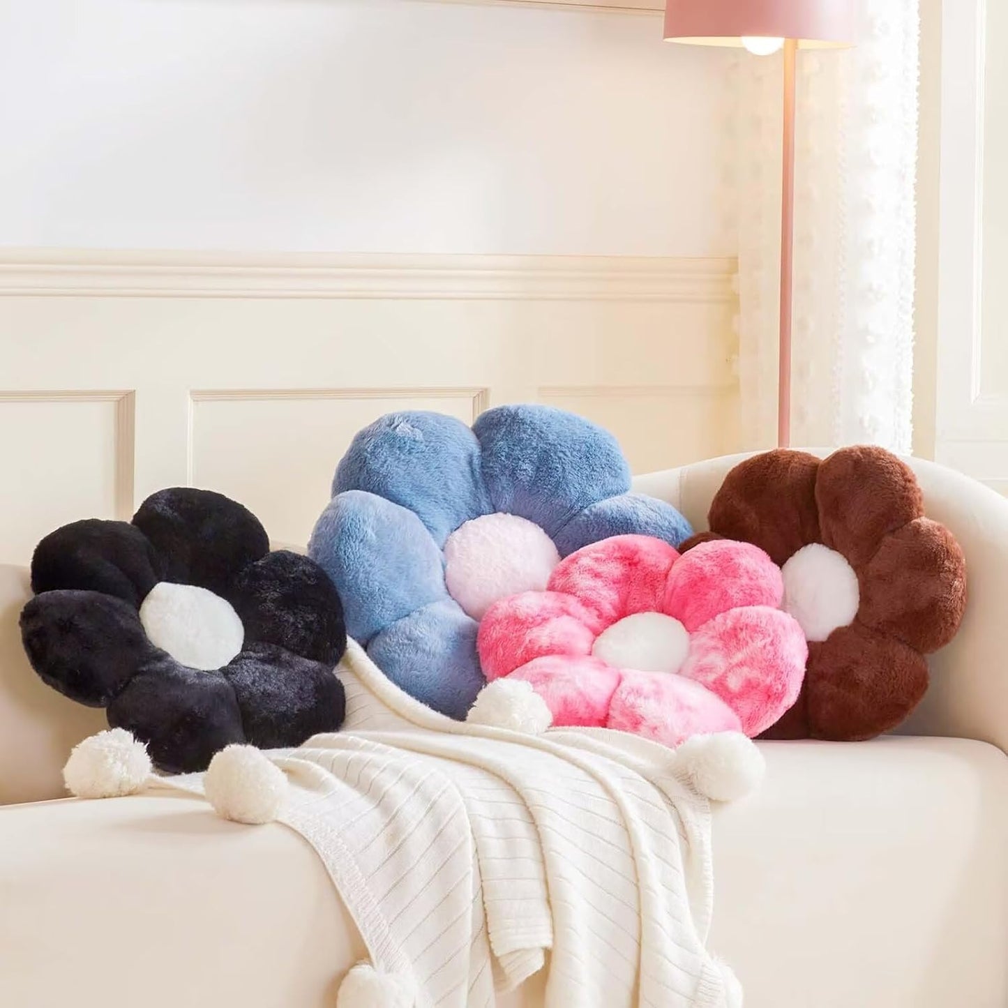 Black Flower Plush Throw Pillow, Cute Decorative Flower Shaped with Faux Rabbit Fur, 19.6" Soft Plush Floor Pillow for Bedroom Living Room