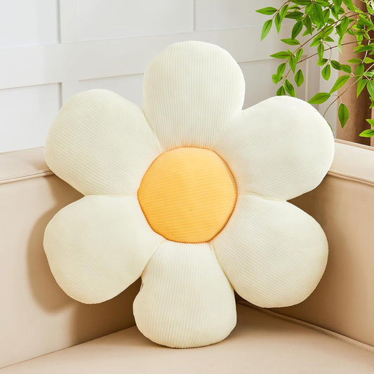 White Yellow Flower Pillow, 14.9" Cute Flower Shaped Floor Pillow, Aesthetic Floral Plush Daisy Decorative Throw Pillows for Bed Sofa Couch