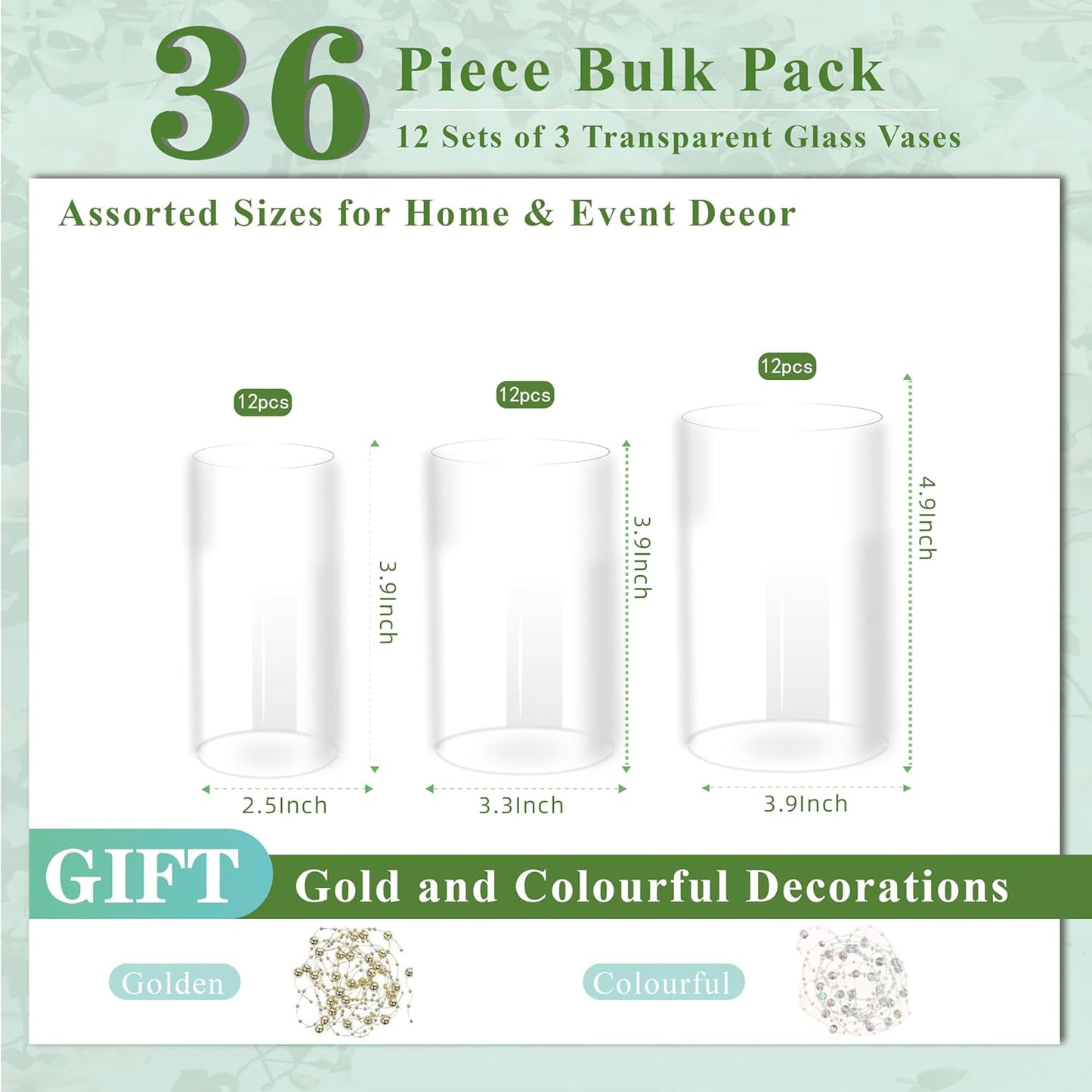 Glass Cylinder Vase for Set of 36 for Centerpieces, 4,4,5 inch Tall Clear Cylinder Vase Bulk Floating Candle Holder Flower Vase for Wedding Table Home Décor and Party