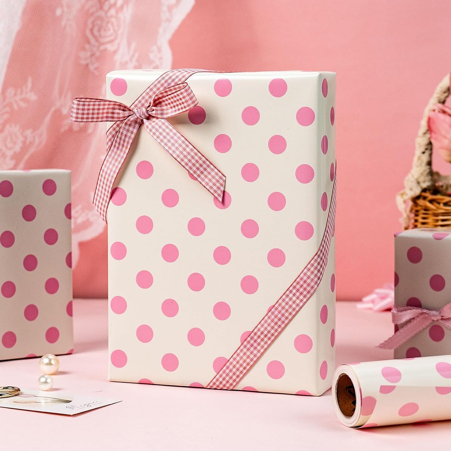 Burymento Pink and Beige Dots Wrapping Paper, Reversible Pink Gift Wrap for Birthday, Valentines, Mothers day, Graduation, Wedding, Fathers day, Baby Shower, Christmas (17in x 32.8ft)